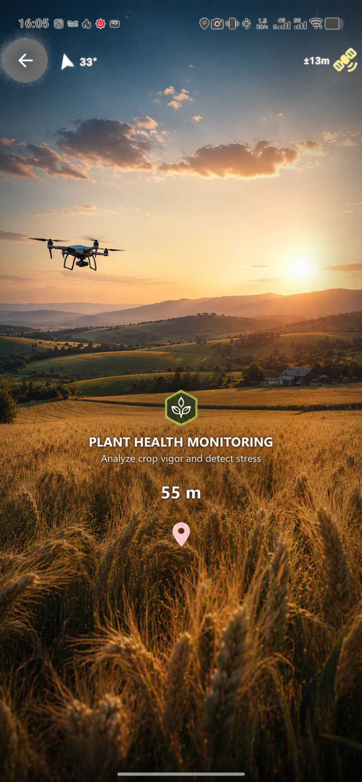 Digital Specialist AR navigation in the field — follow the arrow to a pinned crop plant-health task, with a survey drone overhead