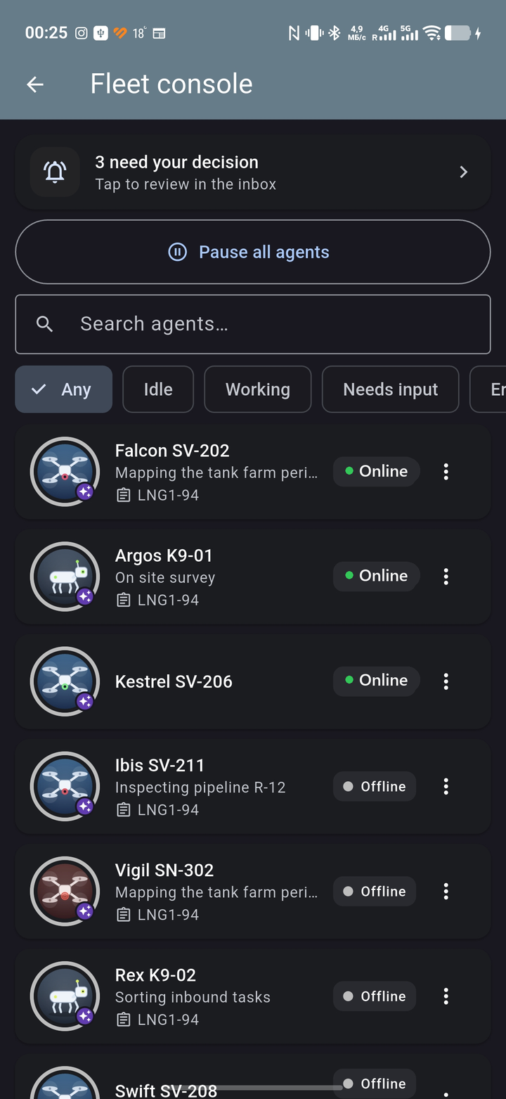 Digital Specialist fleet console — manage AI agents: online status, tasks, pause and approvals