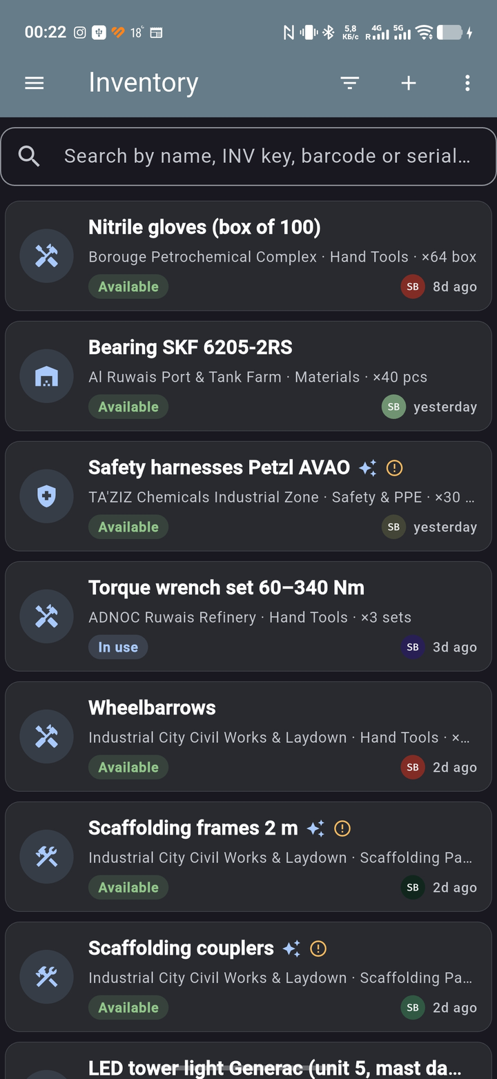 Digital Specialist inventory: tools, materials and PPE with AI capture and barcode scan